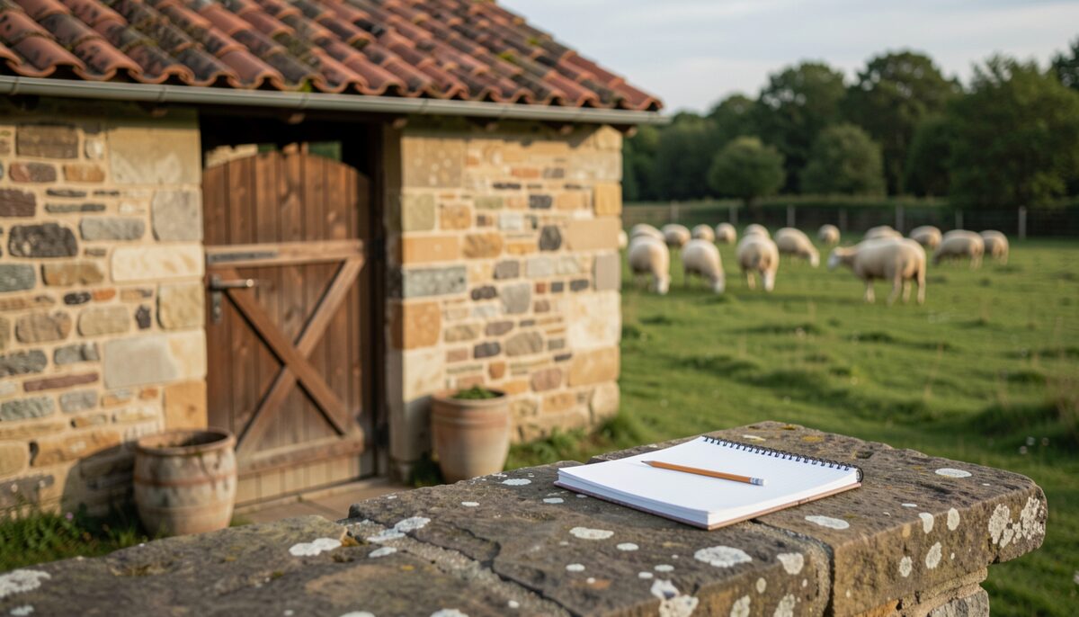 A stone corral with a wooden gate and a tiled roof, a notebook and pencil on a stone ledge, and a flock of sheep grazing in the distance.