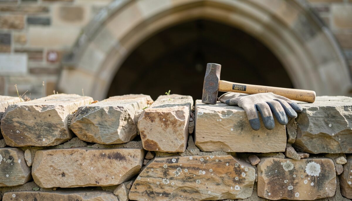 A close view of a dry stone wall with irregular limestone pieces, a mason's hammer and gloves resting on top, and a barrel vault shelter blurred behind.
