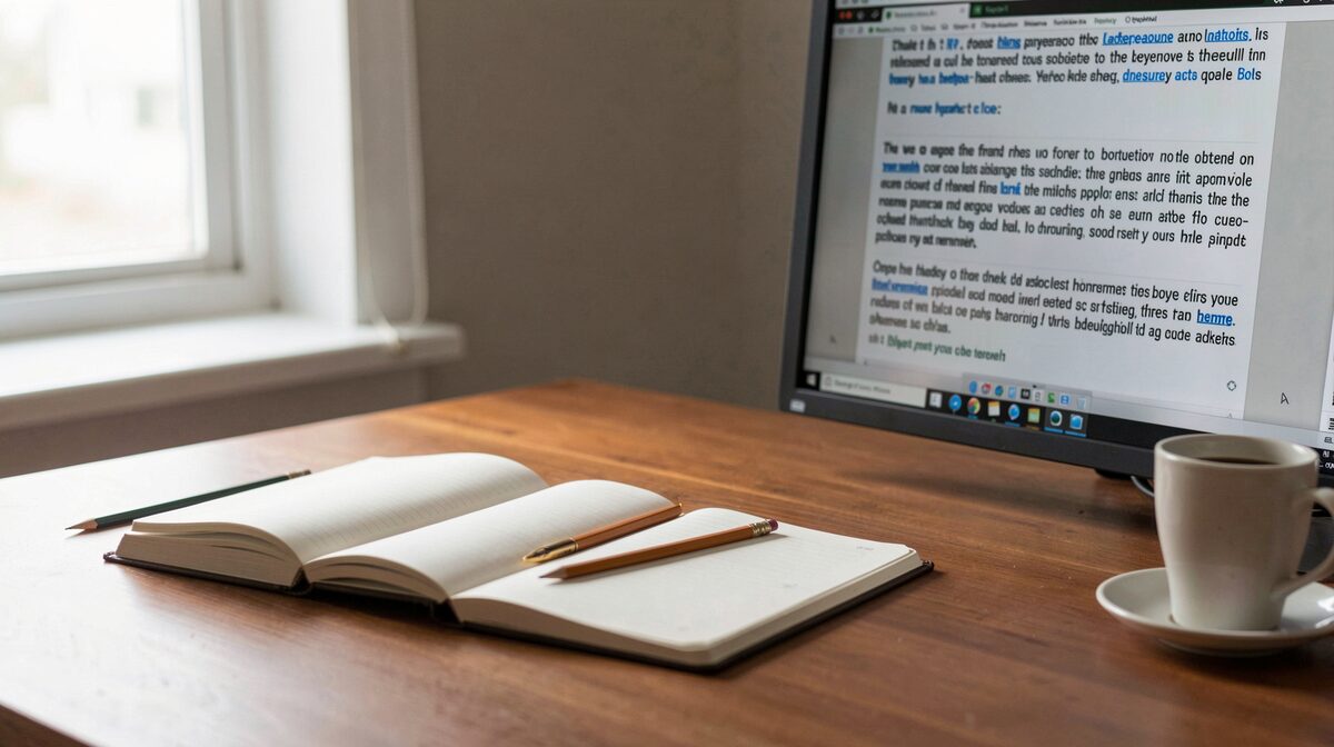 Un escritorio con un cuaderno abierto, lápiz y una taza, junto a una pantalla mostrando texto, con luz natural lateral de mañana.