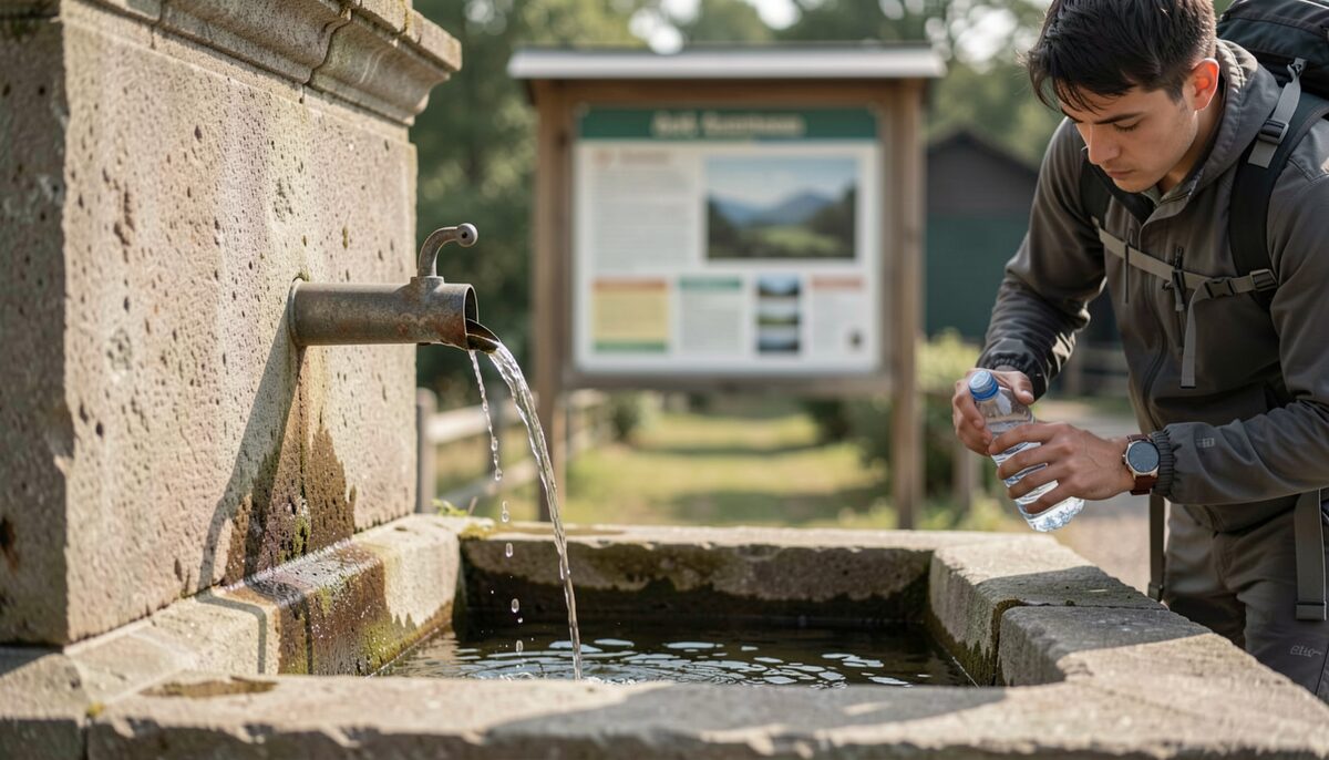 A stone fountain with a metal spout flowing into a trough, a hiker filling a bottle, and a laminated notice board blurred in the background.