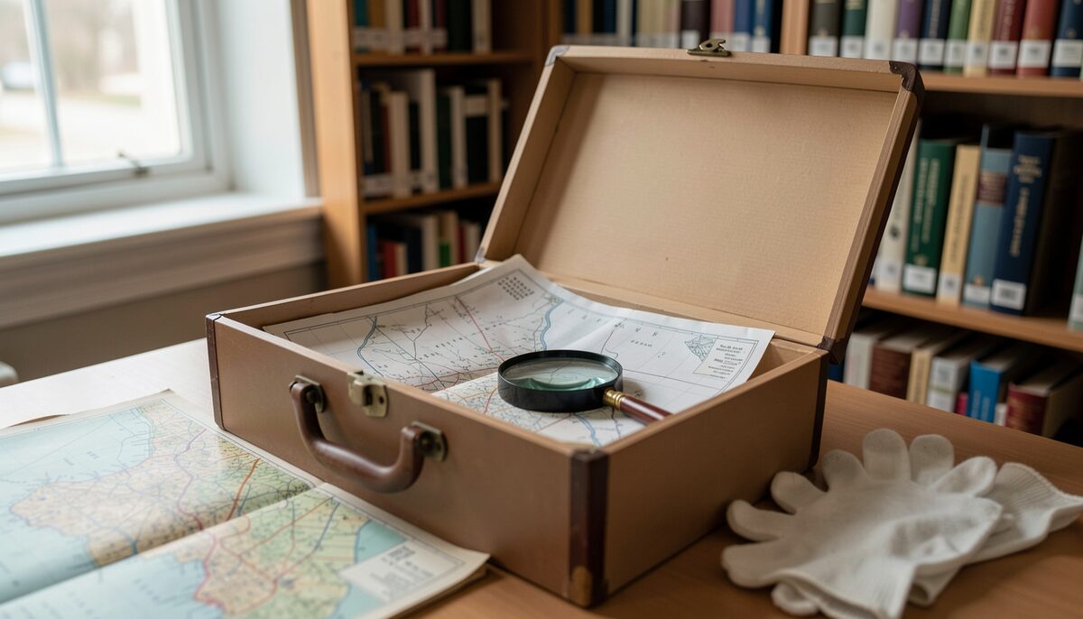 An open archive box on a library table with old land registry maps, a magnifying glass, and cotton gloves, no readable text visible.