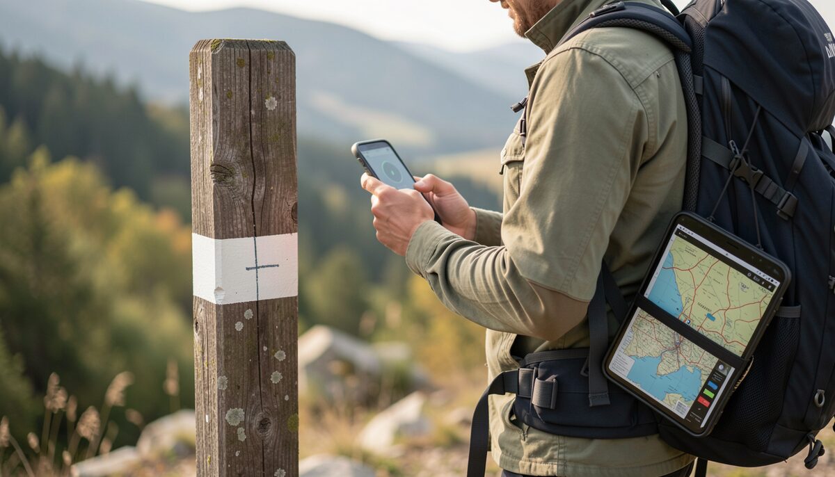 A hiker holding a mobile phone showing no signal, standing beside a trail marker with a simple painted band, and a map case attached to the backpack.