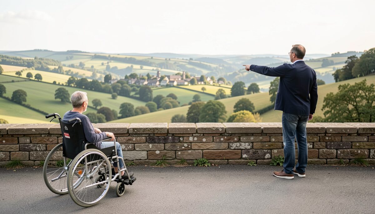 A paved viewpoint with a low stone wall, a wheelchair user looking out over a valley, and a companion pointing toward a distant village, no visible signs.